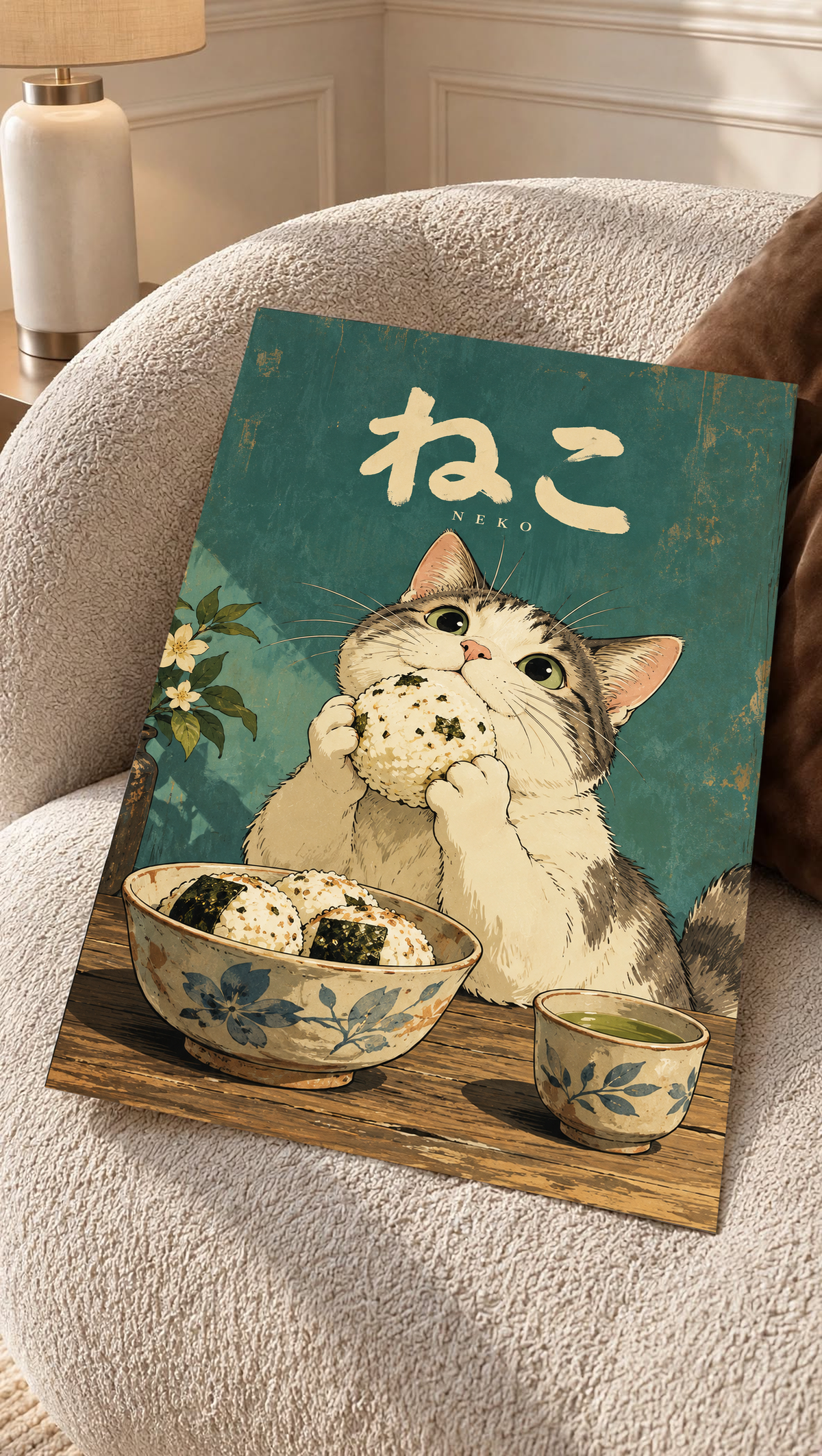 Framed green cat poster with “NEKO” Japanese lettering, kitten holding onigiri above bowls.