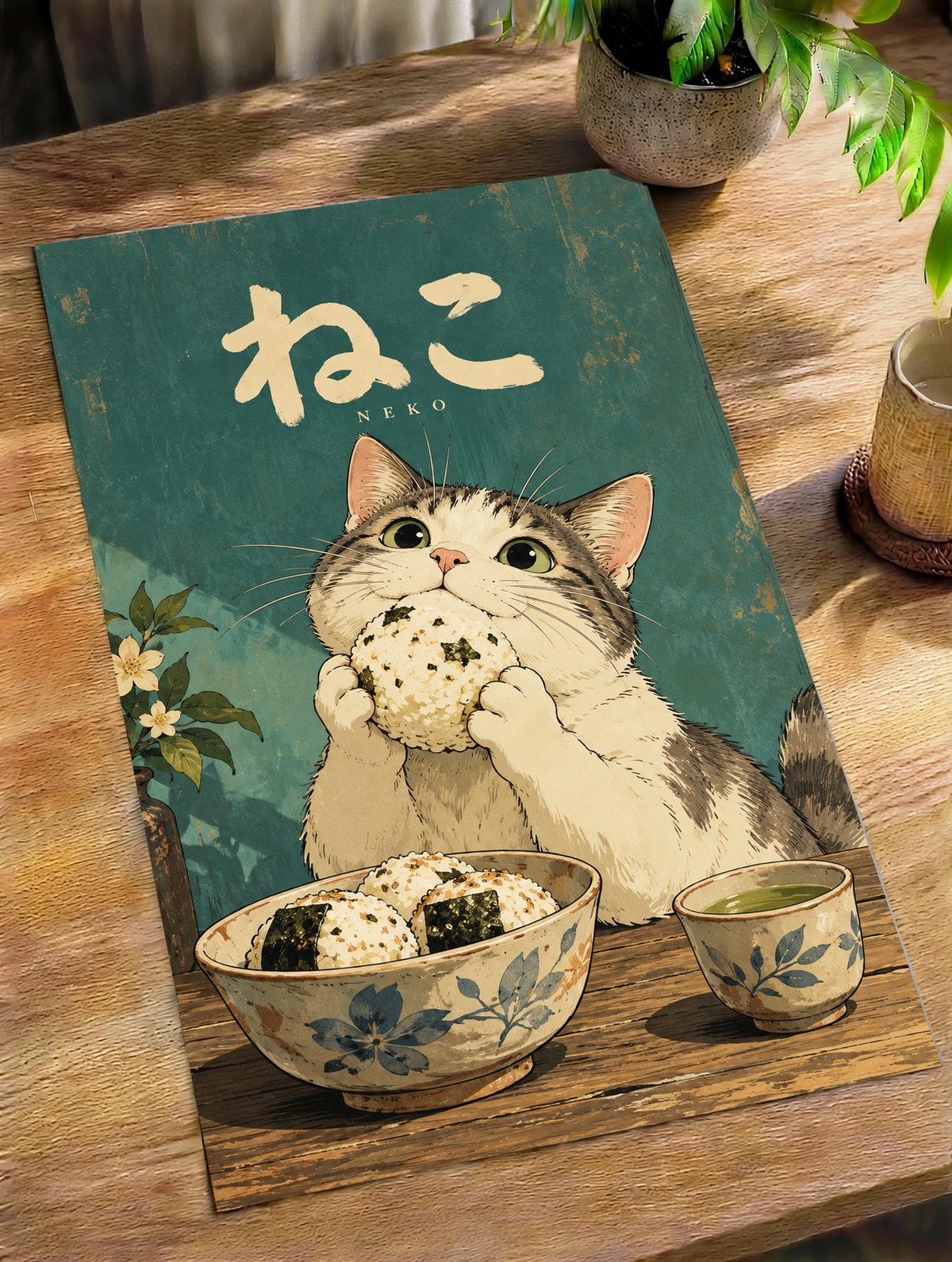 Green cat print in a frame with Japanese “NEKO” text, kitten holding onigiri and bowls.
