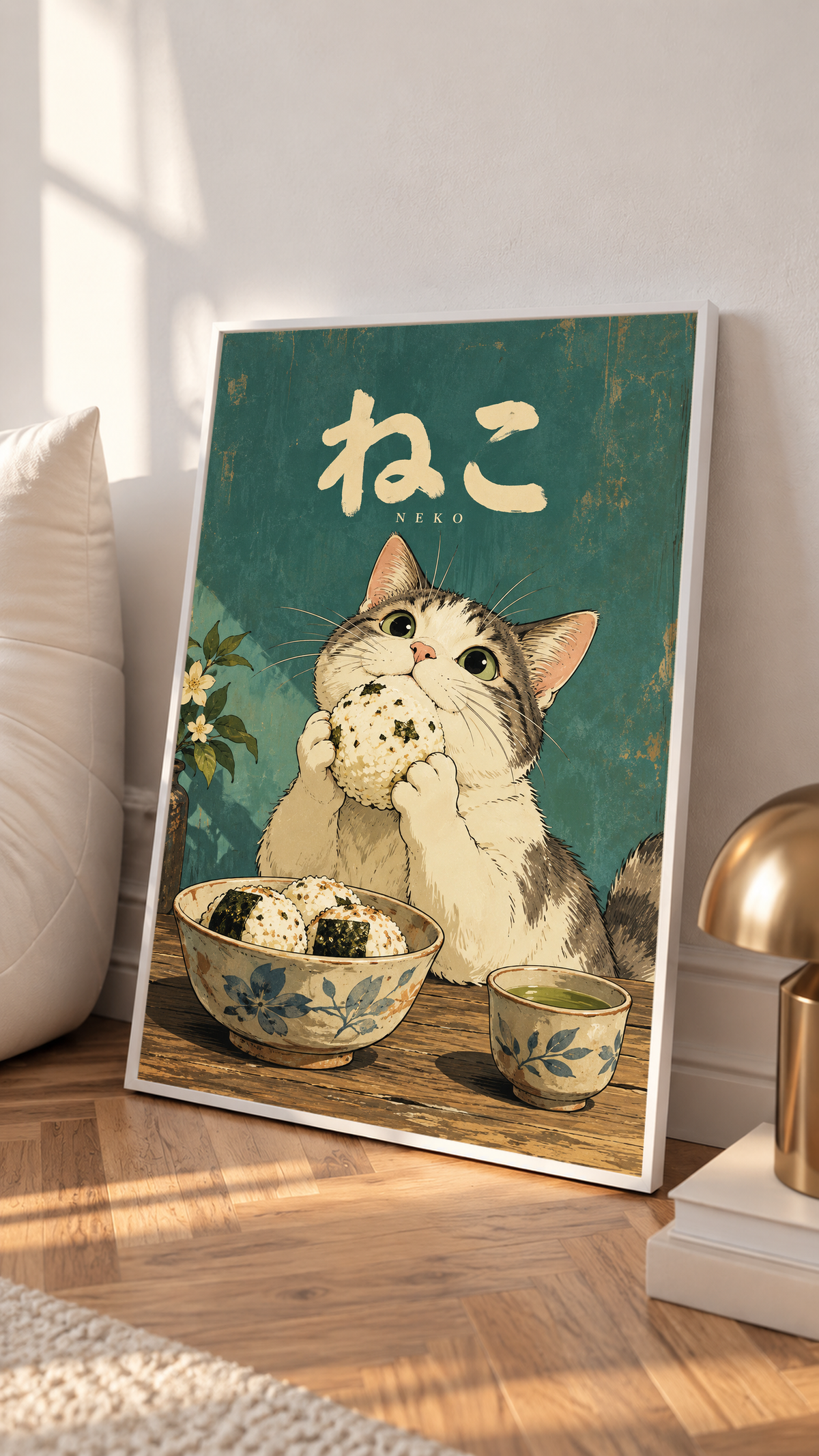 Framed green cat poster with “NEKO” Japanese letters, cat holding onigiri over bowls.