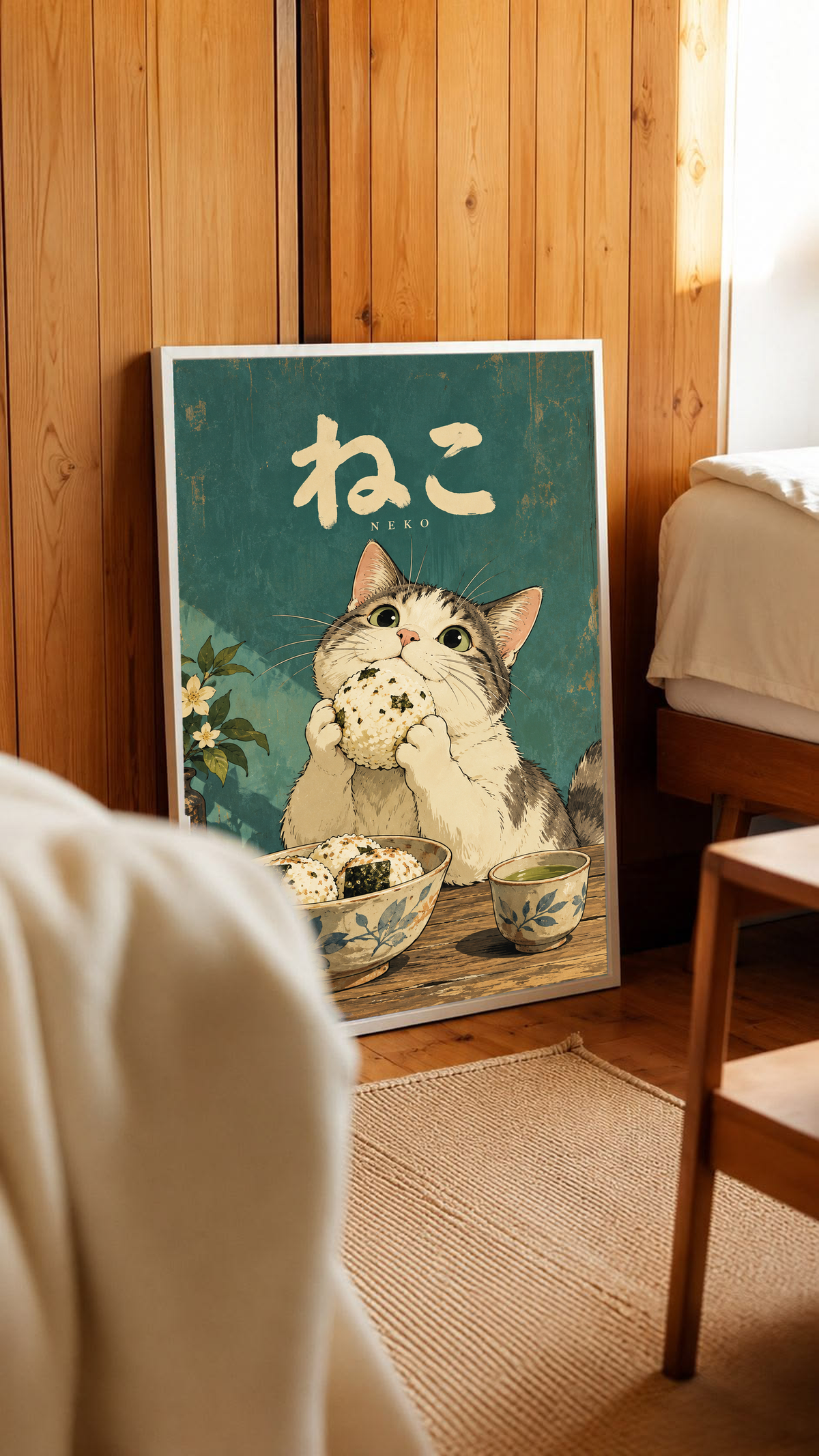 Small framed green cat poster with Japanese “NEKO” lettering, kitten holding onigiri.