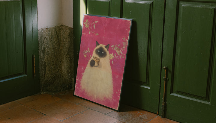 Pink floral art print of a fluffy cat holding a cup of coffee