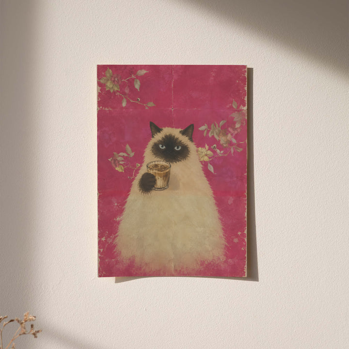 Poster art of a fluffy cat holding a cup of coffee, on pink floral background