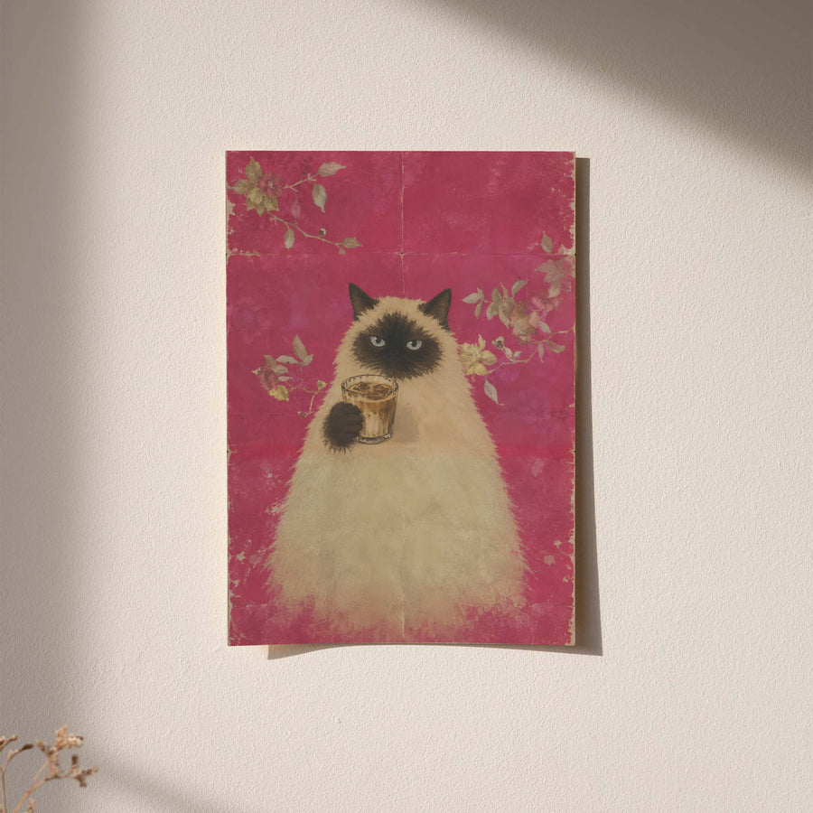 Poster art of a fluffy cat holding a cup of coffee, on pink floral background