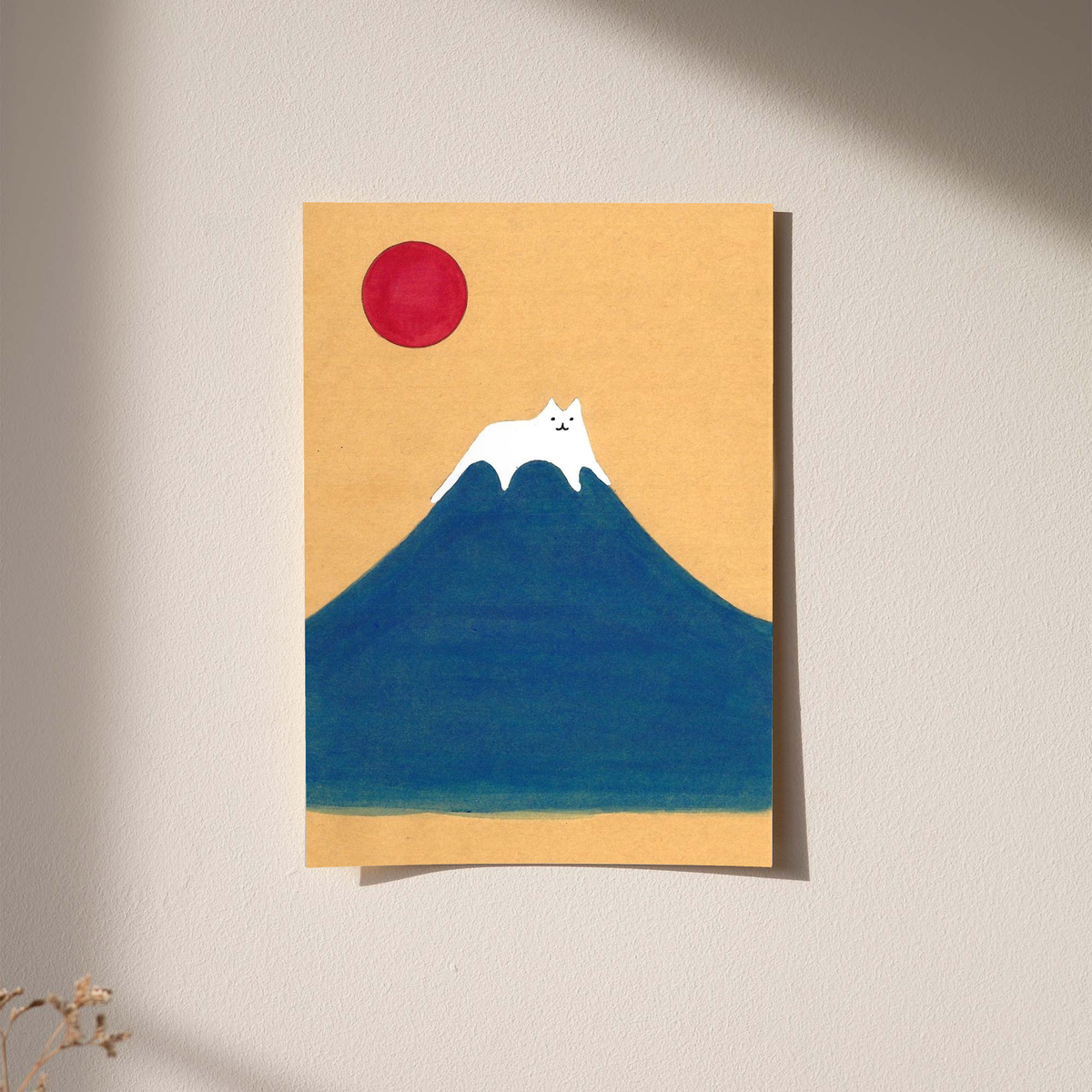 Unframed wall art print with blue mountain, red sun, and white cat