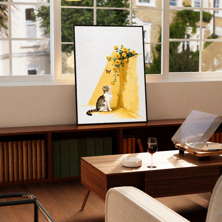 Tabby cat beneath yellow flowers in a black frame on a windowsill above a green radiator, with a turntable nearby