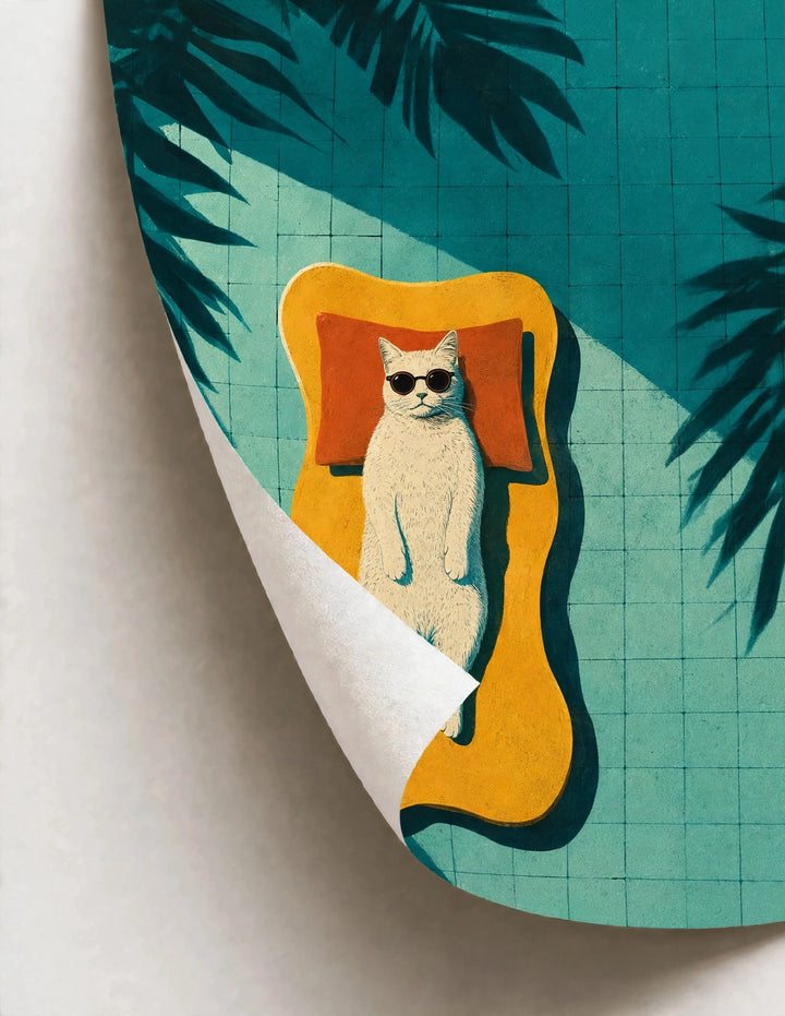 Teal cat art print with orange abstract mat and sunglasses cat, angled corner view