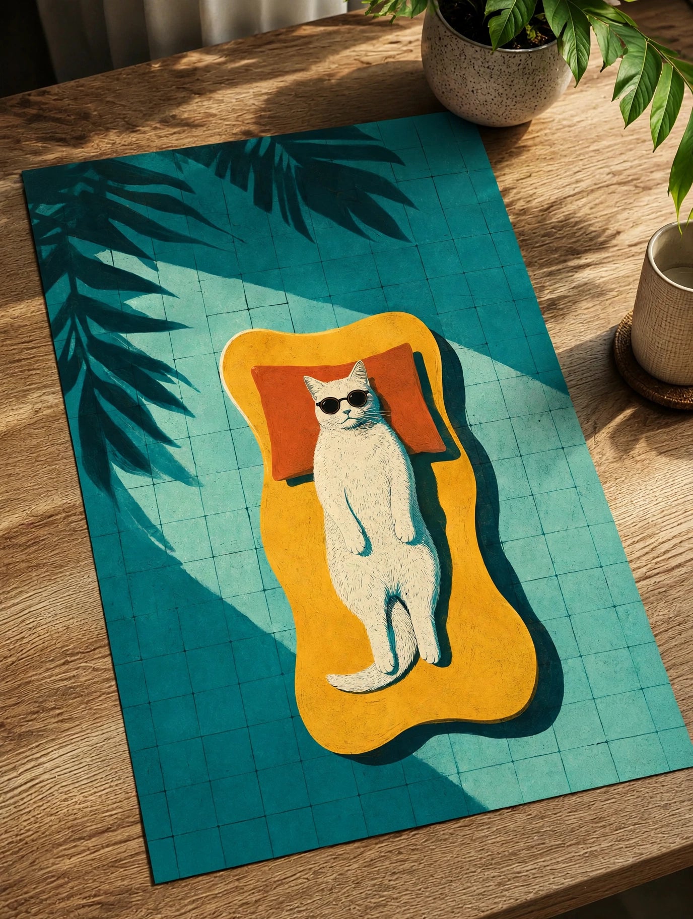 Cat art print on teal background with orange abstract frame and sunglasses cat