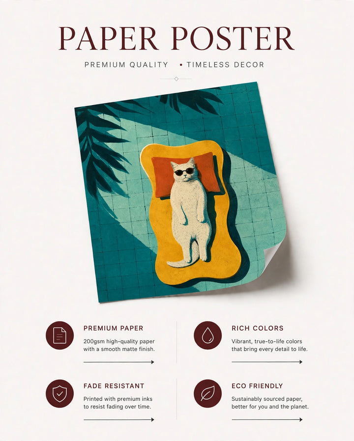 Cat art poster with teal artwork, orange abstract mat, and sunglasses cat illustration