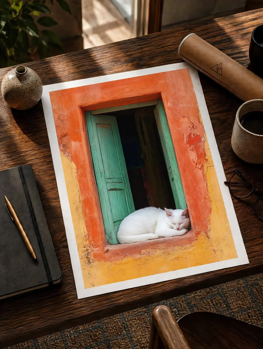 Cat sleeping art print, angled view, white cat curled in teal doorway within orange wall