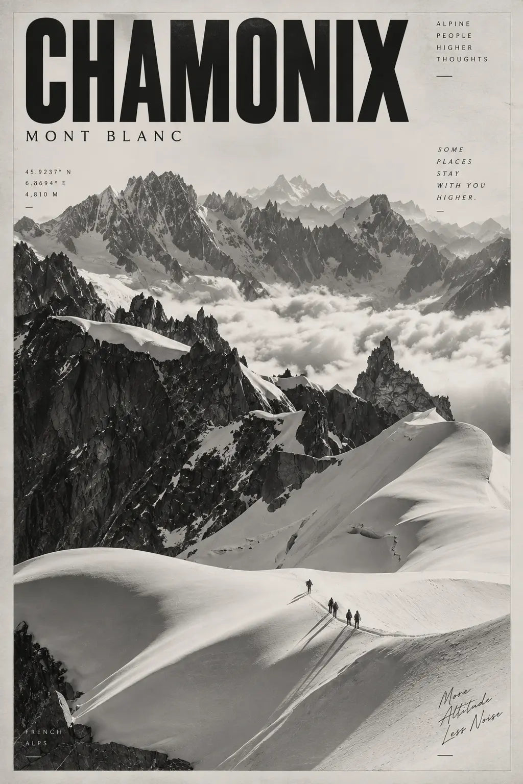 Chamonix Art Print showing layered mountain ridges, deep snow and rugged high altitude terrain in the French Alps
