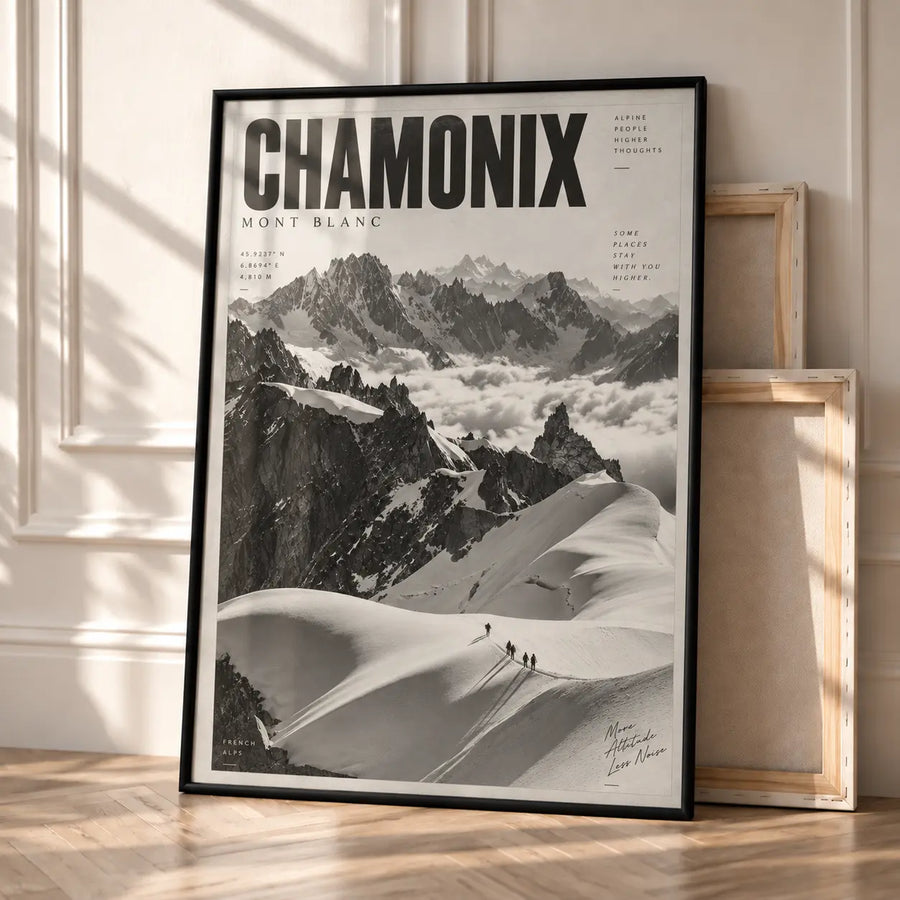 Chamonix Art Print displayed in a modern interior with bold destination typography and monochrome alpine scenery