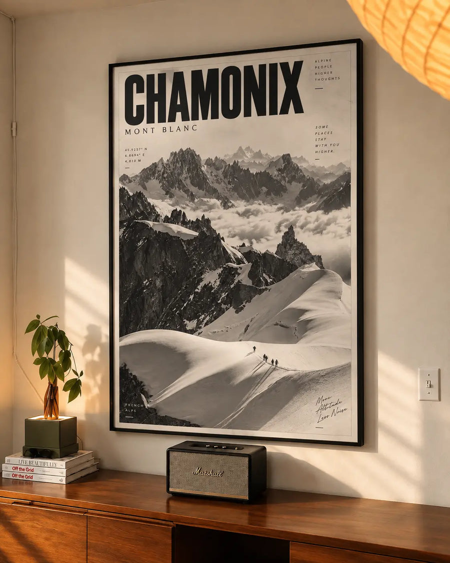 Chamonix Art Print featuring snow covered French Alps peaks and sweeping ski terrain in dramatic black and white