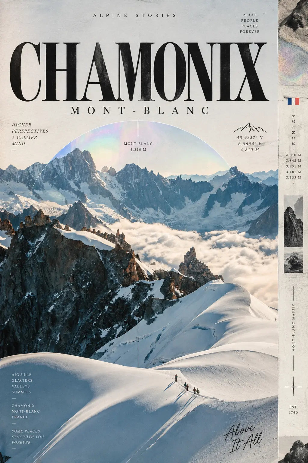 Chamonix Alpine Wall Art showing layered snow covered mountains and open alpine terrain beneath a pale blue sky