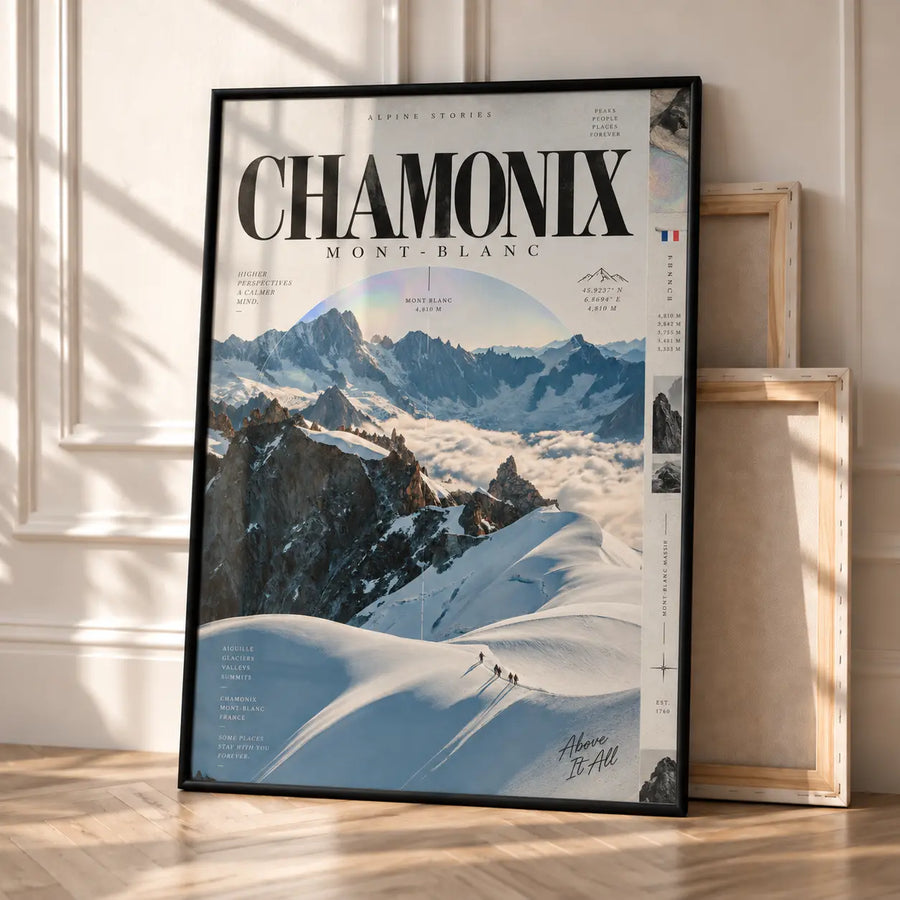 Chamonix Alpine Wall Art displayed in a warm modern interior with dramatic winter peaks and Chamonix typography