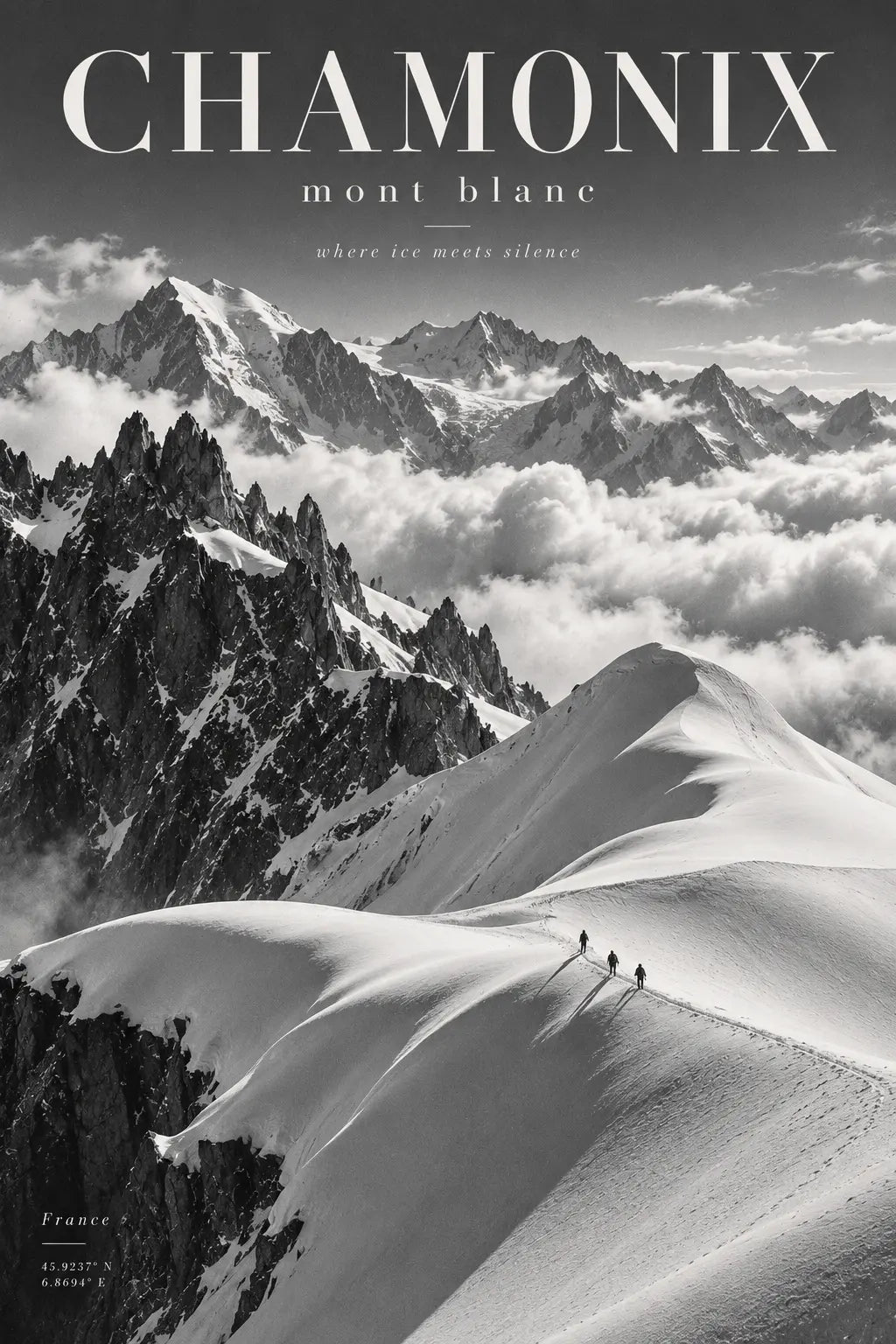 Chamonix Mountain Poster highlighting sharp winter contrasts between bright snowfields, dark rock and distant French Alps