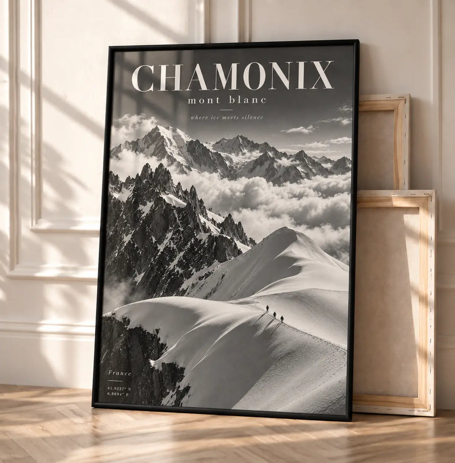 Chamonix Mountain Poster displayed in a black frame in  bright interior with monochrome alpine scenery and refined Chamonix typography