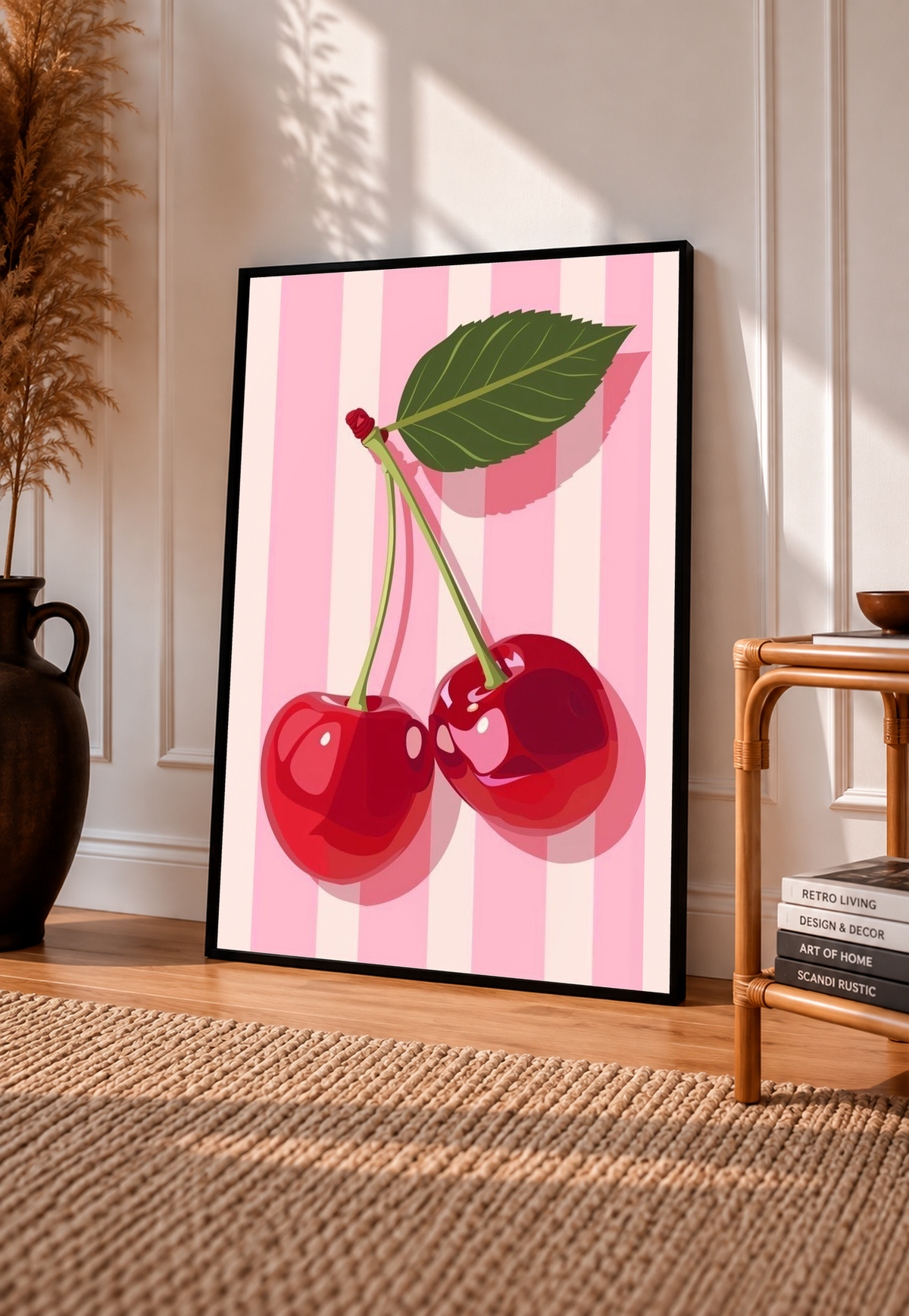 Black-framed cherry kitchen poster with pink vertical stripes, red cherries, and green leaf