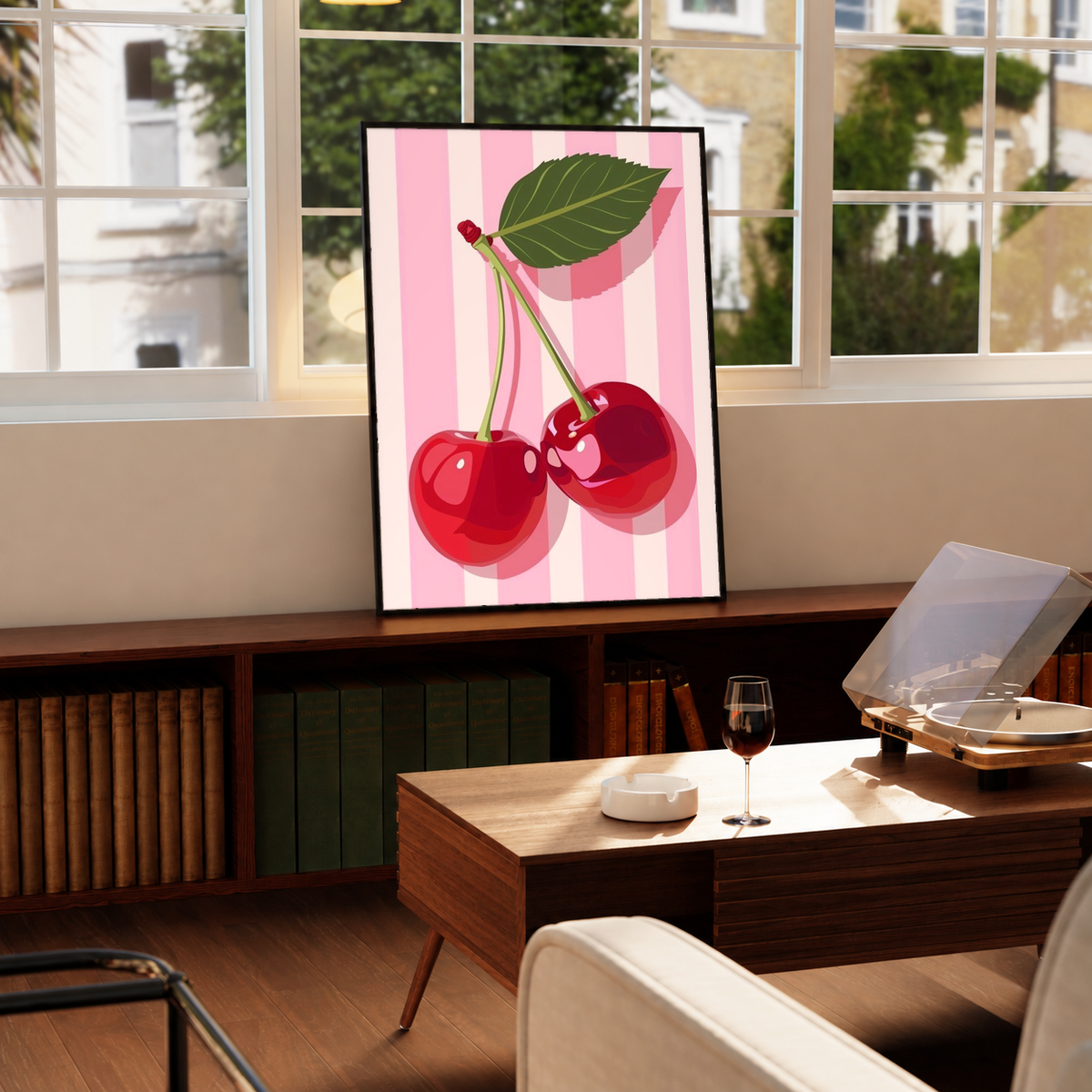 Black-framed cherry kitchen poster with pink vertical stripes, red cherries, and green leaf