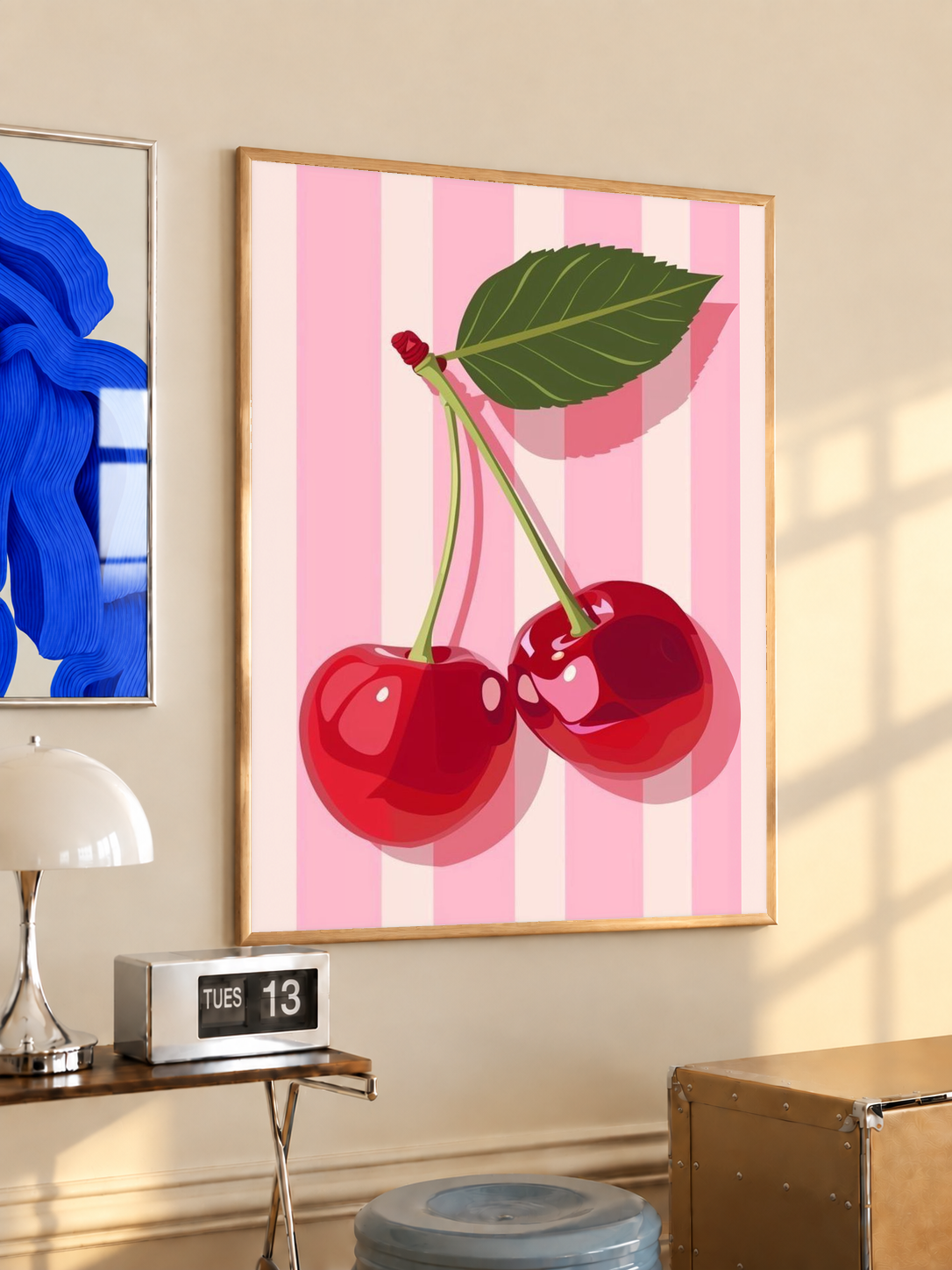 Framed cherry kitchen poster with pink vertical stripes, red cherries, and green leaf
