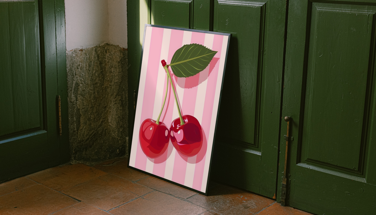 Cherry kitchen poster leaning against green doors, pink stripes with red cherries and leaf