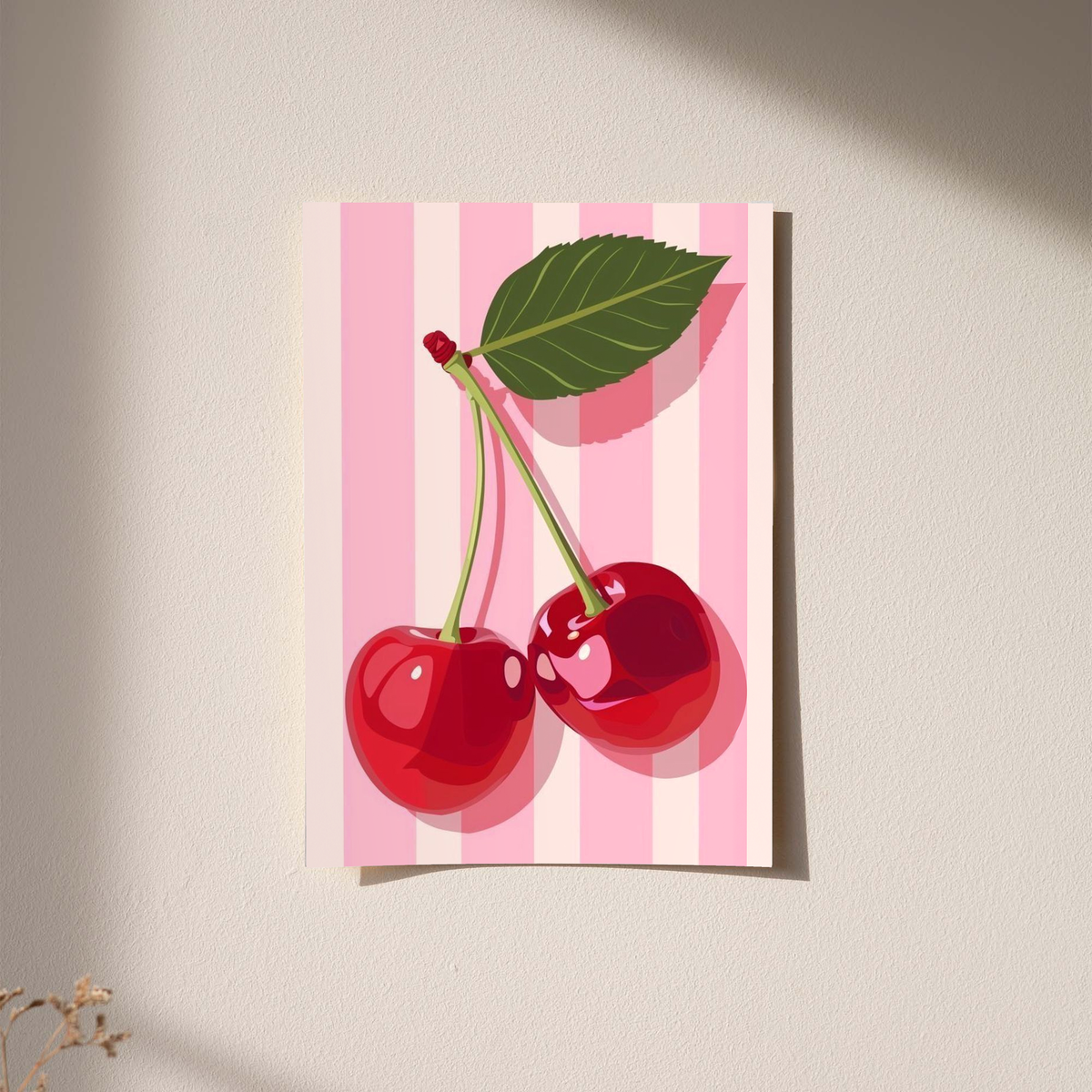 Cherry kitchen poster print with pink vertical stripes, red cherries, and green leaf