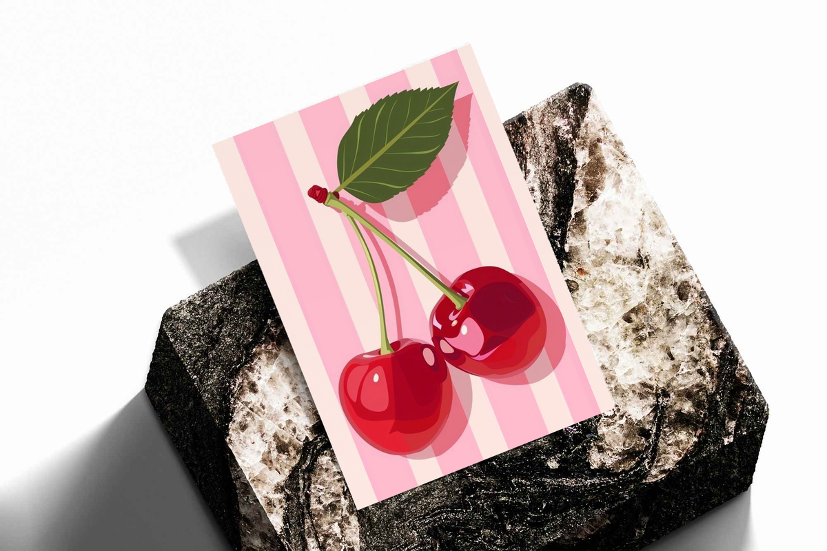 Cherry kitchen poster on dark stone, pink vertical stripes with red cherries and green leaf