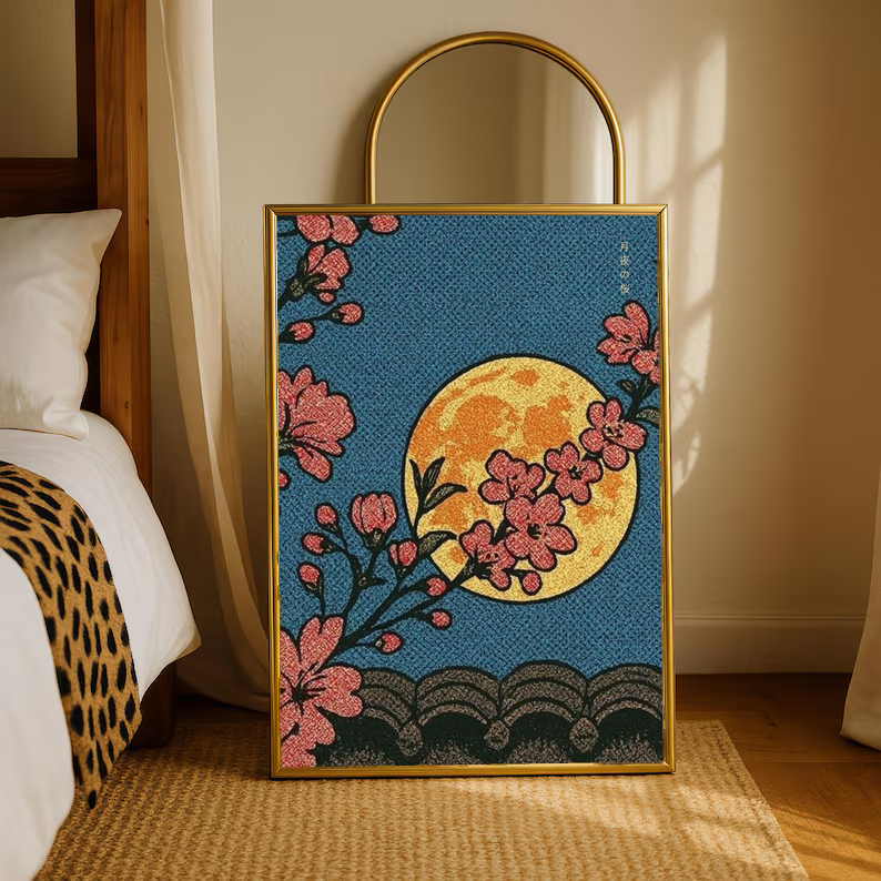 Cherry blossoms, yellow moon and patterned waves in a warm wood frame on a bedroom floor beneath an arched mirror