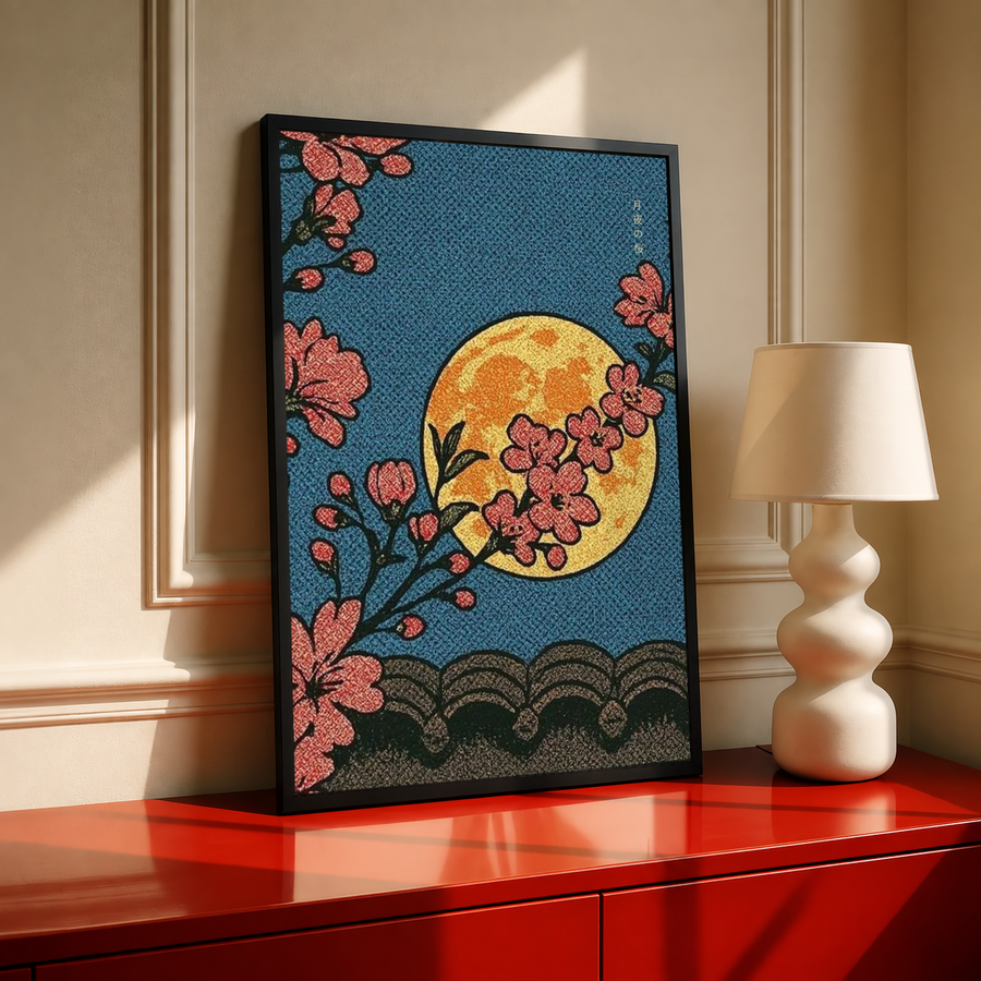 Standing framed teal poster with coral flowers around a yellow moon and dark waves