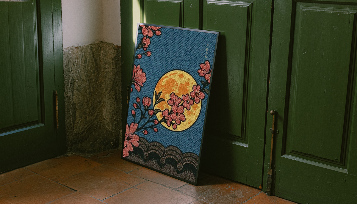 Cherry blossoms, yellow moon and patterned waves as an unframed display leaning against a green paneled door on a wood floor