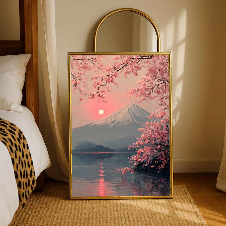Pink cherry blossom mountain and lake in a warm wood frame on a bedroom floor beneath an arched mirror