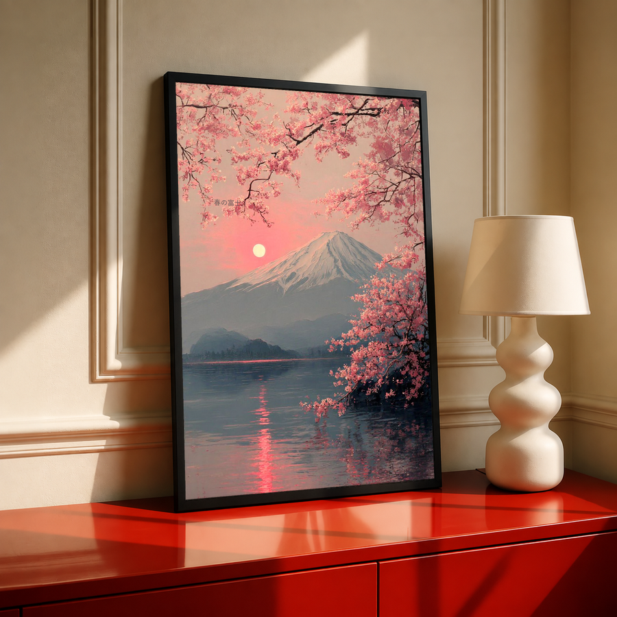 Standing framed art print with pink cherry blossoms, mountain and lake reflection