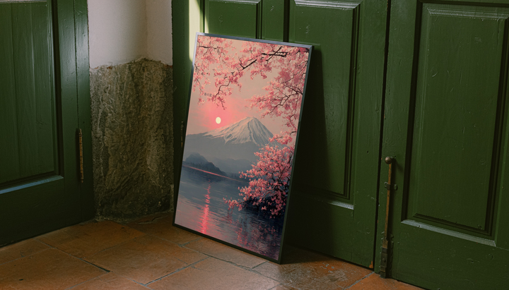 Pink cherry blossom mountain and lake as an unframed display leaning against a green paneled door on a wood floor