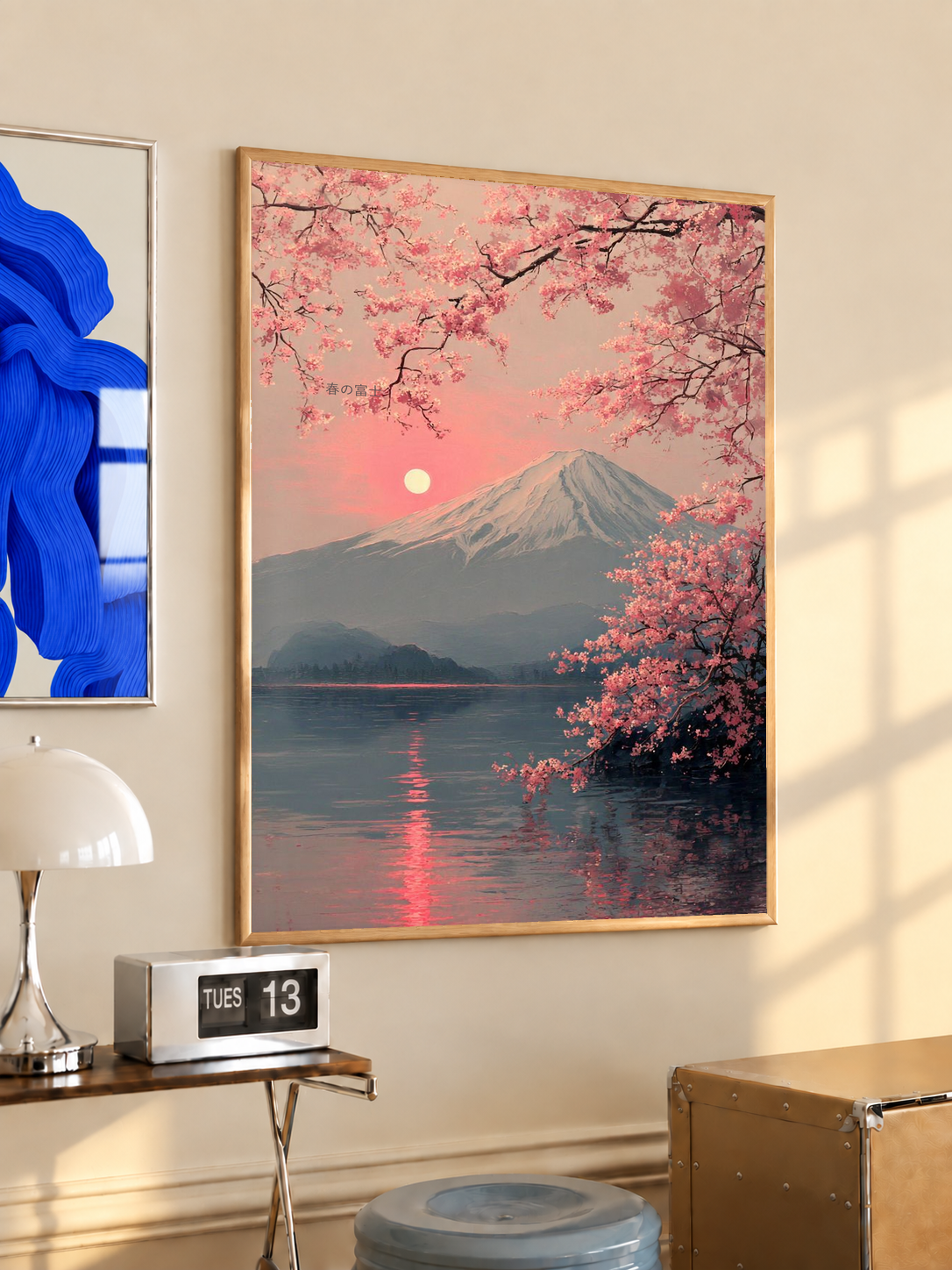 Framed art print: pink cherry blossoms, mountain lake at sunset