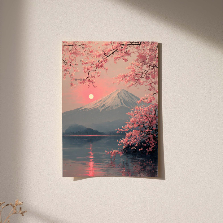 Pink cherry blossom mountain and lake as an unframed print against a pale plaster wall with soft shadows