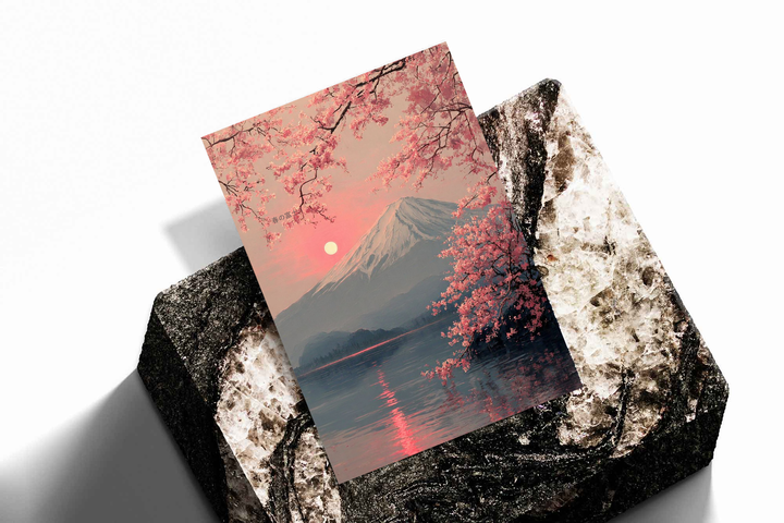 Pink cherry blossom mountain and lake as an unframed print propped against a pale wall on a rough stone