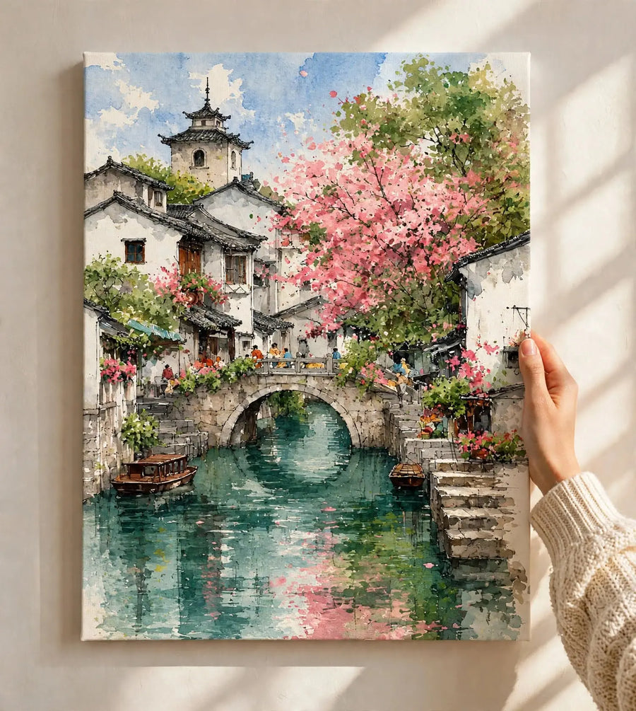 Cottage Garden Watercolor Art Print showing pink flowering trees reflected across a peaceful garden waterway