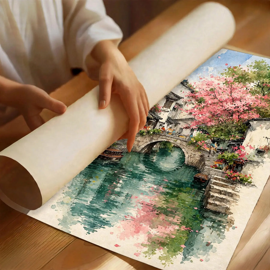 Cottage Garden Watercolor Art Print partially rolled to reveal blooming flowers, greenery and reflective water