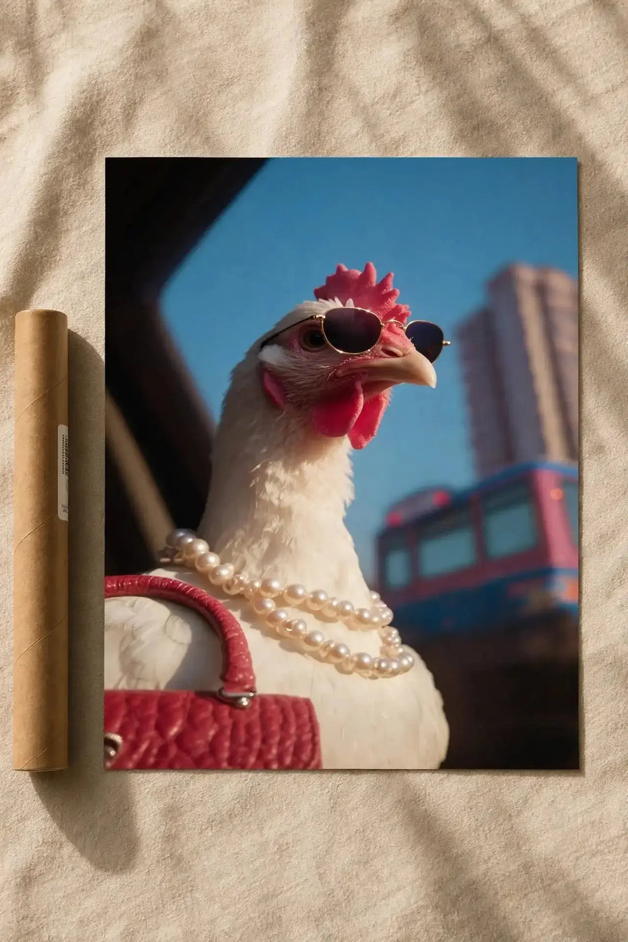 Framed chicken print with sunglasses, red comb, pearl necklace, and red handbag