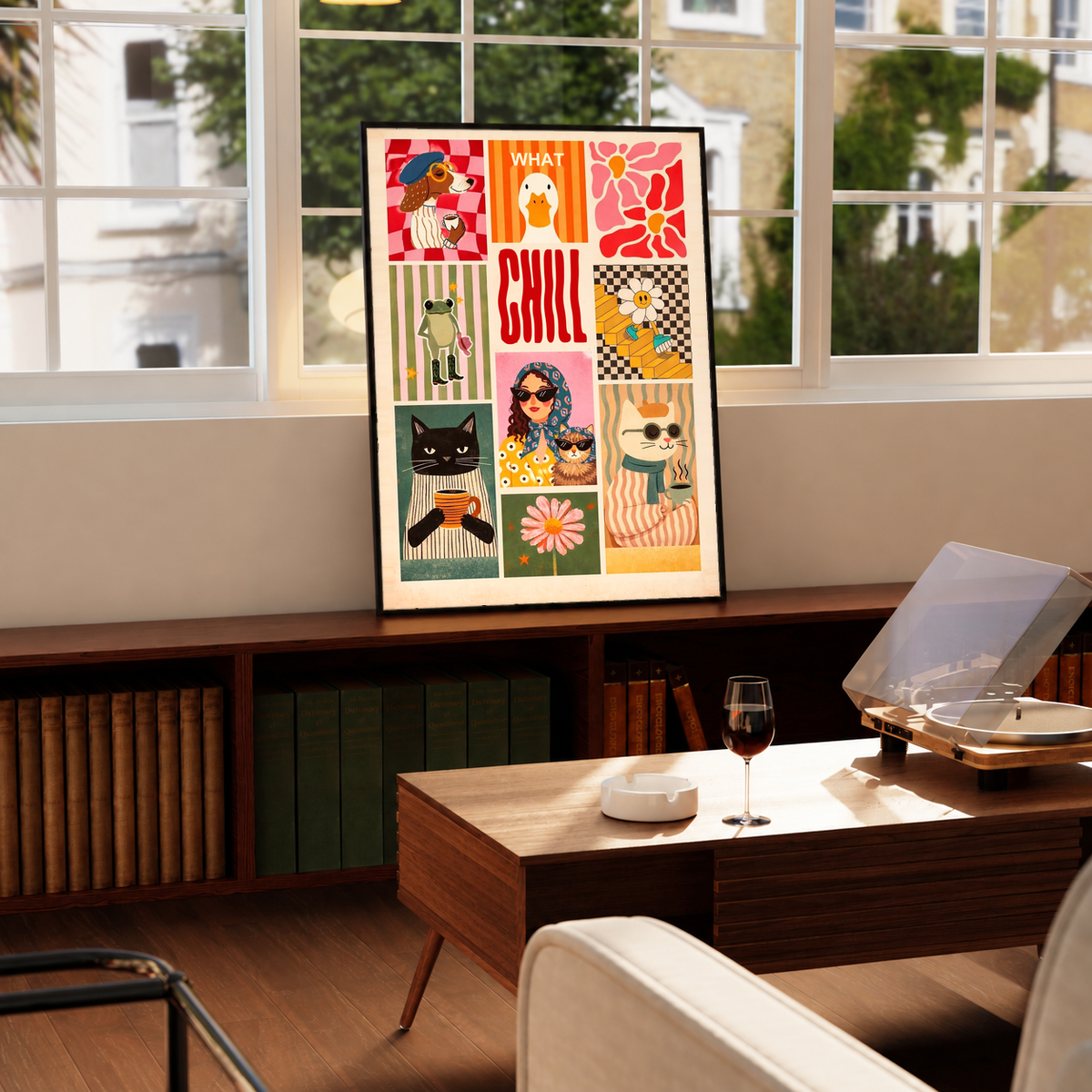 CHILL animal and lifestyle collage in a black frame on a windowsill above a green radiator, with a turntable nearby