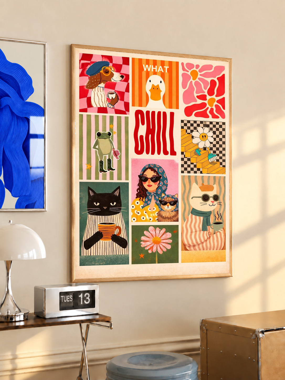Framed animal collage poster with cats, frog and duck illustrations, retro-style layout