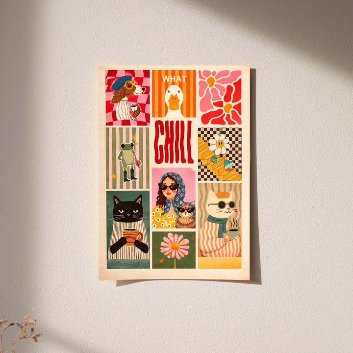 CHILL animal and lifestyle collage as an unframed print against a pale plaster wall with soft shadows