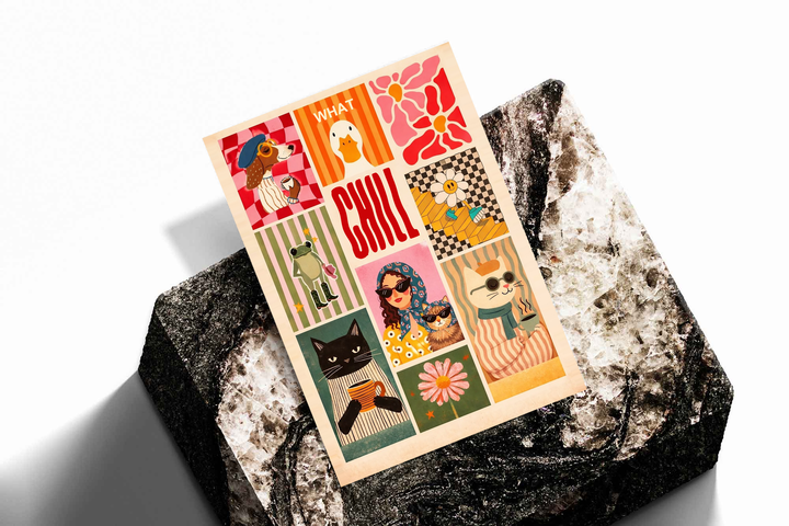 CHILL animal and lifestyle collage as an unframed print propped against a pale wall on a rough stone