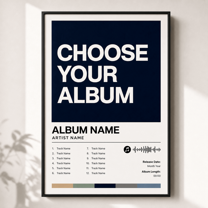 Custom album poster in black frame, dark blue “CHOOSE YOUR ALBUM” template with album name