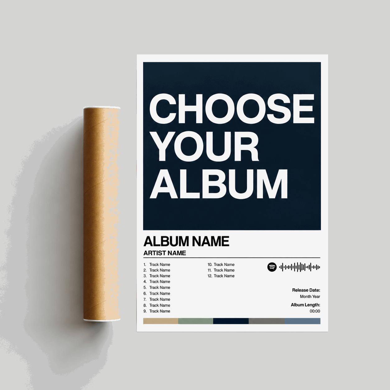 Custom album poster roll with dark blue “CHOOSE YOUR ALBUM” template and track list