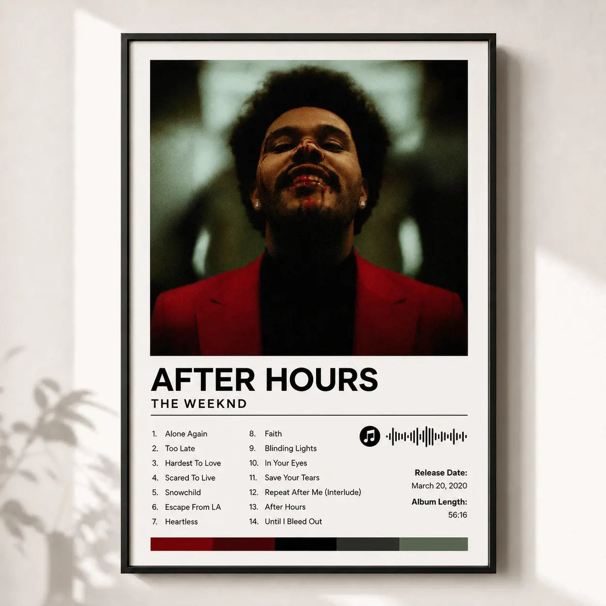 Custom album poster in black frame, “AFTER HOURS” artist portrait with track list and bars