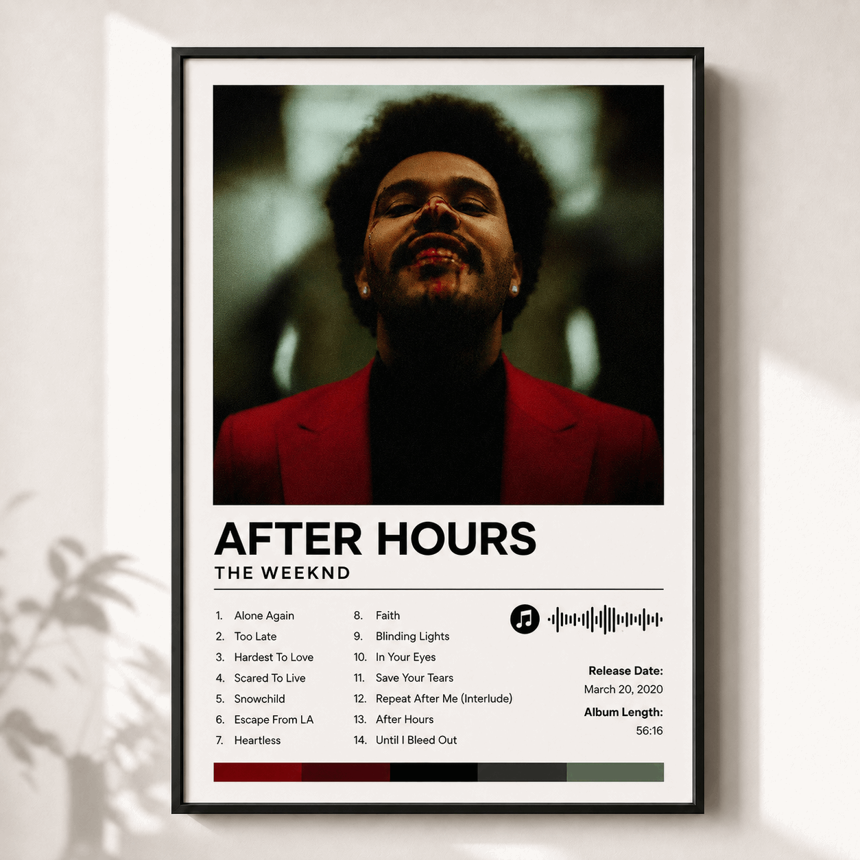 Custom album poster in black frame, “AFTER HOURS” artist portrait with track list and bars
