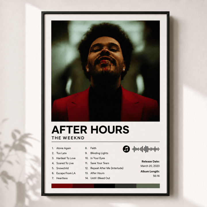 Custom album poster in black frame, “AFTER HOURS” artist portrait with track list and bars