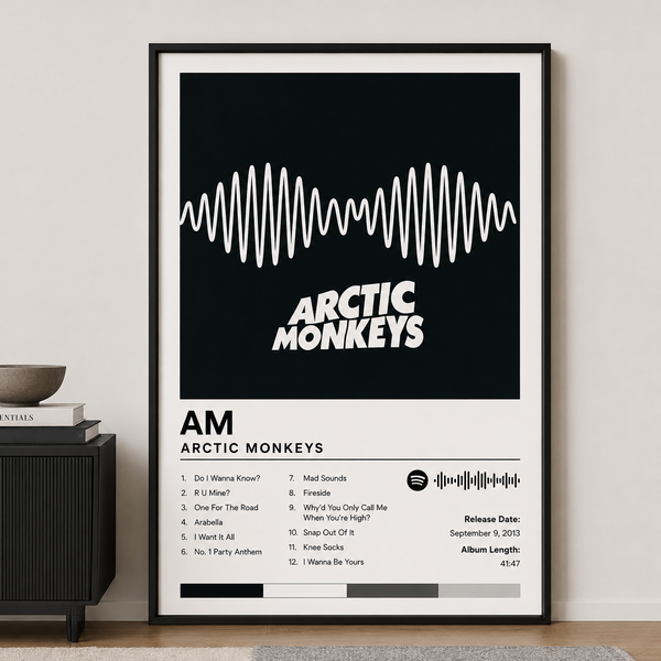 Framed album poster with white waveform line and “ARCTIC MONKEYS” text