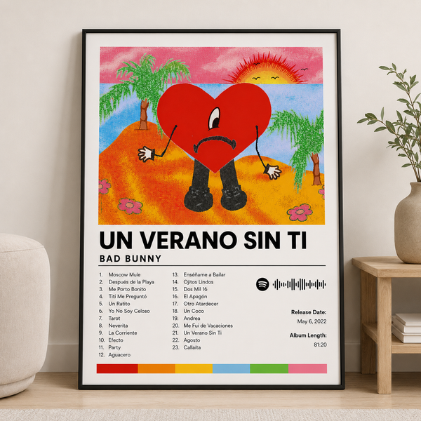 Framed album poster with colorful cartoon heart art and “UN VERANO SIN TI” title