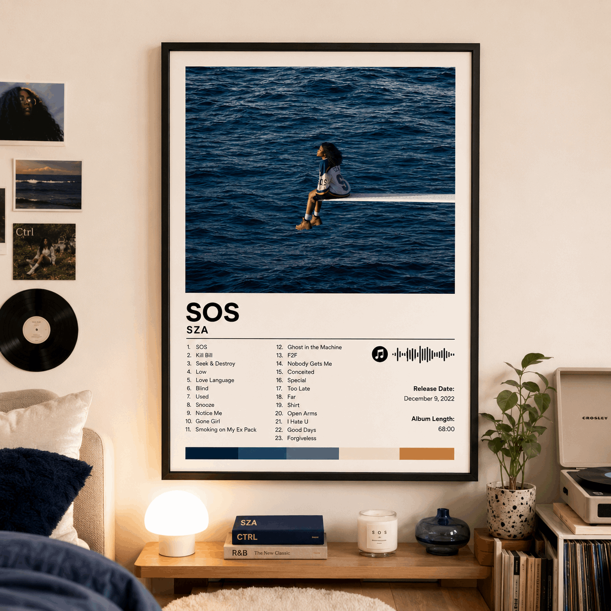Custom album poster in black frame, ocean photo with “SOS” title, track list and waveform